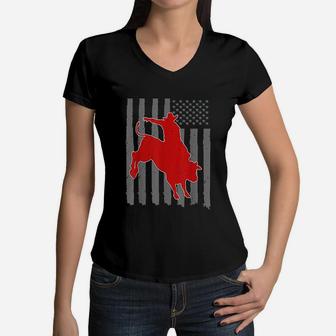 Vintage American Flag Bucking Bull Riding Women V-Neck T-Shirt - Seseable