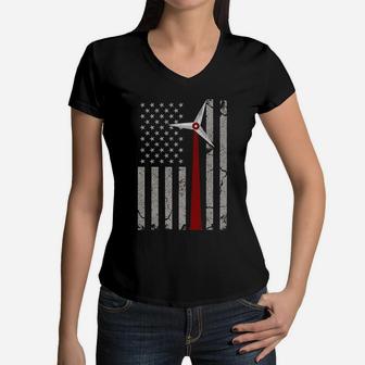 Vintage American Flag Engineer T-shirt Red Wind Turbine Women V-Neck T-Shirt - Seseable