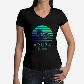 Vintage Aruba Beach Tropical Vibes Vacation Souvenir Women V-Neck T-Shirt - Seseable