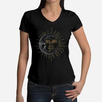 Vintage Astronomy Stars Sun Moon Planets Women V-Neck T-Shirt - Seseable