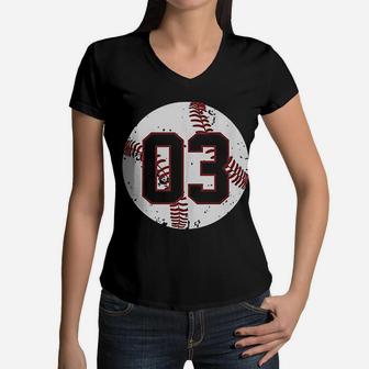 Vintage Baseball Number 03 Cool Softball Mom Gift Women V-Neck T-Shirt - Seseable