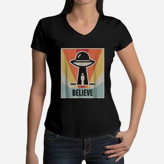 Vintage Believe Retro Women V-Neck T-Shirt - Seseable