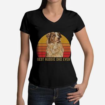 Vintage Best Aussie Dad Ever Papa Australian Shepherd Dog Women V-Neck T-Shirt - Seseable