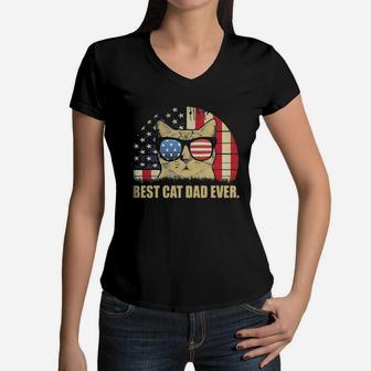Vintage Best Cat Dad Ever American Flag 4th Of July Independence Day Shirth Women V-Neck T-Shirt - Seseable