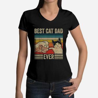 Vintage Best Cat Dad Ever Bump Fit Fathers Day Women V-Neck T-Shirt - Seseable