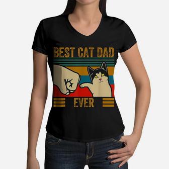 Vintage Best Cat Dad Ever Men Bump Fit Fathers Day Women V-Neck T-Shirt - Seseable