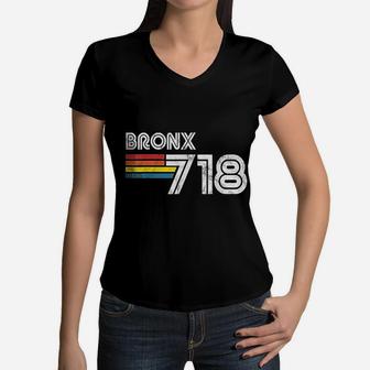 Vintage Bronx Proud 718 New York City State Gift Women V-Neck T-Shirt - Seseable