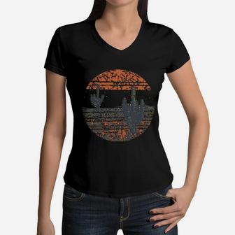 Vintage Cactus Sunset Women V-Neck T-Shirt - Seseable