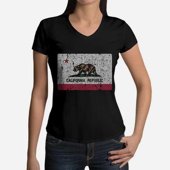 Vintage California Flag Women V-Neck T-Shirt - Seseable