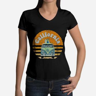 Vintage California Hippie Van Beach Surfer Women V-Neck T-Shirt - Seseable