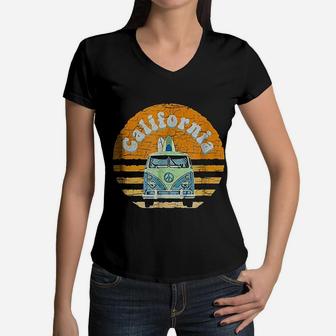 Vintage California Hippie Van Beach Surfer Women V-Neck T-Shirt - Seseable
