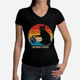 Vintage Cat Do What I Want Cat Lover Women V-Neck T-Shirt - Seseable