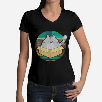 Vintage Cat In Box Retro Style Cute Fat Cat Women V-Neck T-Shirt - Seseable