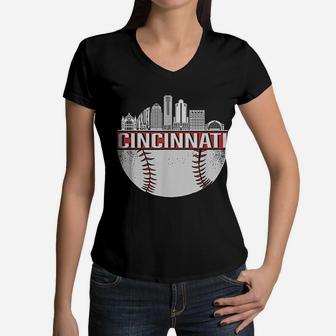 Vintage Cincinnati Baseball Skyline Cityscape Retro Baseball Women V-Neck T-Shirt - Seseable