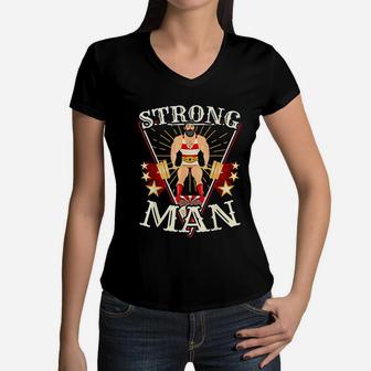 Vintage Circus Strongman Costume Women V-Neck T-Shirt - Seseable