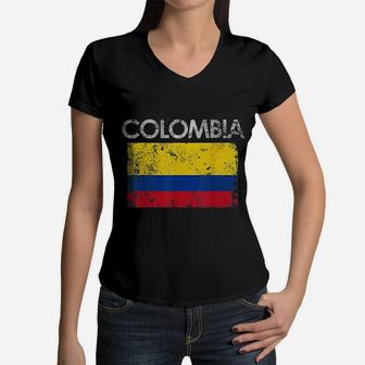 Vintage Colombia Colombian Flag Pride Gift Women V-Neck T-Shirt - Seseable