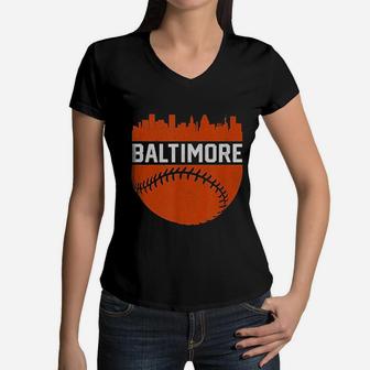 Vintage Downtown Baltimore Skyline Baseball Women V-Neck T-Shirt - Seseable