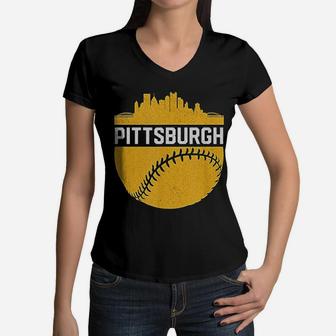 Vintage Downtown Pittsburgh Pa Skyline Baseball Women V-Neck T-Shirt - Seseable