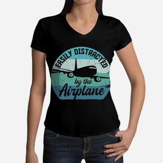 Vintage Easily Distract By The Airplane Pilot Job Women V-Neck T-Shirt - Seseable