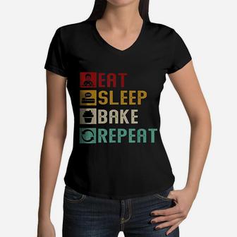 Vintage Eat Sleep Bake Repeat Funny Baking Baker Bakery Women V-Neck T-Shirt - Seseable