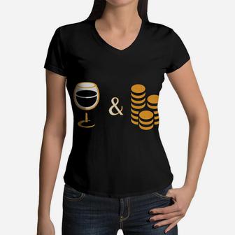 Vintage Graphic Wine And Money Women V-Neck T-Shirt - Seseable