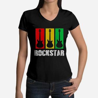 Vintage Guitar Rock And Roll Guitar Women V-Neck T-Shirt - Seseable