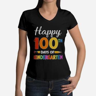 Vintage Happy 100th Day Of Kindergarten Teacher Or Student Women V-Neck T-Shirt - Seseable