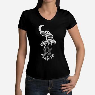 Vintage Hippie Crystals And Mushrooms Peace And Love Women V-Neck T-Shirt - Seseable