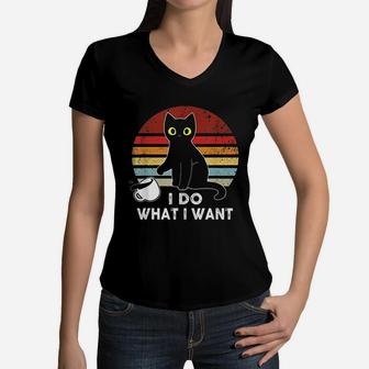 Vintage I Do What I Want Cat Lover Dad Mom Women V-Neck T-Shirt - Seseable