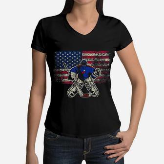 Vintage Ice Hockey Goalie Usa Flag Gift For Goalie Women V-Neck T-Shirt - Seseable