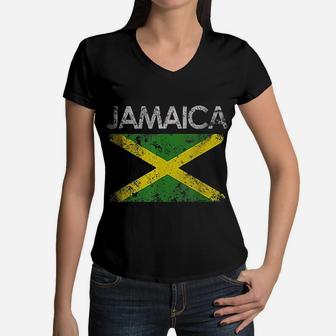 Vintage Jamaica Jamaican Flag Pride Women V-Neck T-Shirt - Seseable