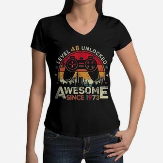 Vintage Level 49 Unlocked Awesome Since 1973 Funny 49th Bday Women V-Neck T-Shirt - Seseable