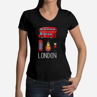 Vintage London British London England Bus Women V-Neck T-Shirt - Seseable