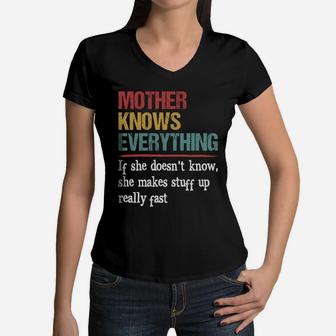 Vintage Mother Knows Everything Quote Black Women V-Neck T-Shirt - Seseable