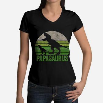 Vintage Papasaurus Dad Apparel Funny Papa Two Dinosaurs Women V-Neck T-Shirt - Seseable