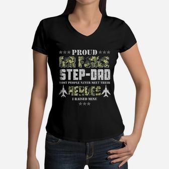 Vintage Proud Air Force Step Dad Veteran Women V-Neck T-Shirt - Seseable