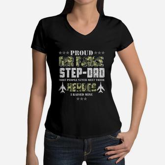 Vintage Proud Air Force Stepdad Veteran Women V-Neck T-Shirt - Seseable