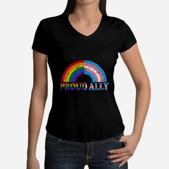 Vintage Proud Ally Flag Rainbow Lgbt Transgender Pride Month Shirt Women V-Neck T-Shirt - Seseable
