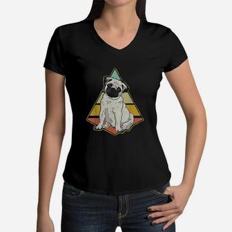 Vintage Pug Dog Retro Distressed Pug Lover Women V-Neck T-Shirt - Seseable