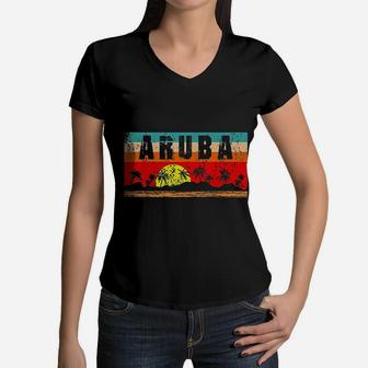 Vintage Relaxing Tropical Aruba Distressed Sandy Sunset Gift Women V-Neck T-Shirt - Seseable