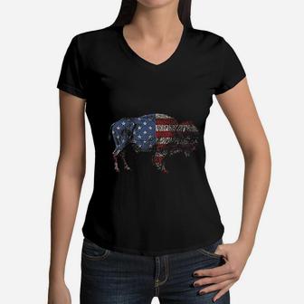 Vintage Retro Bison American Flag Buffalo Simple Women V-Neck T-Shirt - Seseable