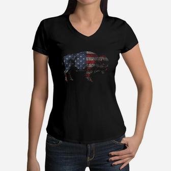 Vintage Retro Bison American Flag Women V-Neck T-Shirt - Seseable