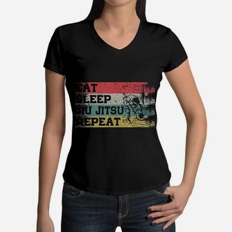 Vintage Retro Eat Sleep Jiu Jitsu Repeat Funny Martial Art Women V-Neck T-Shirt | Seseable UK