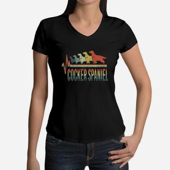 Vintage Retro Heartbeat Word Cocker Spaniel Dog Cute Women V-Neck T-Shirt | Seseable UK