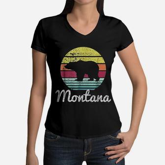 Vintage Retro Mt Montana Wildlife Bear Adventure Women V-Neck T-Shirt - Seseable