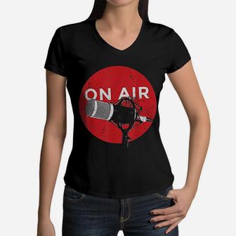 Vintage Retro Style Microphone On Air Radio Podcast Women V-Neck T-Shirt - Seseable