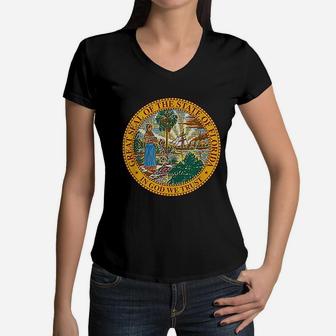 Vintage Seal Of The State Of Florida Miami Tampa Orlando Sun Women V-Neck T-Shirt - Seseable