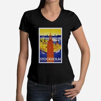Vintage Stockholm Sweden Travel Poster T Shirt Women V-Neck T-Shirt - Seseable