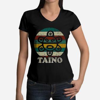 Vintage Sun Distressed Taino Sun Symbol Gift Taino Women V-Neck T-Shirt - Seseable