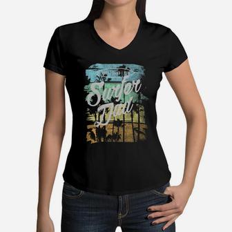 Vintage Surfer Dad Father's Day Retro Beach Women V-Neck T-Shirt - Seseable